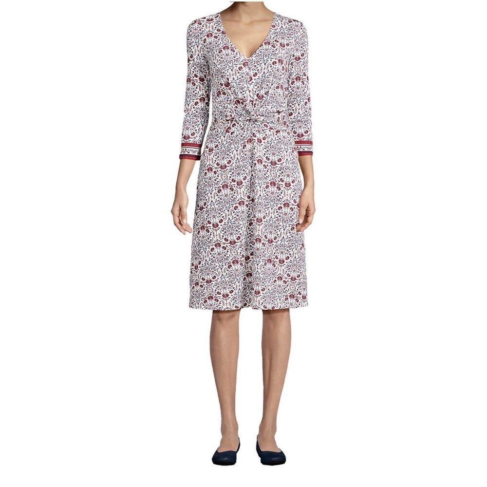 Lands End Floral Knit Dress V Neck Fit Flare Midi Cottage Stretch Red Navy Large - Picture 3 of 16